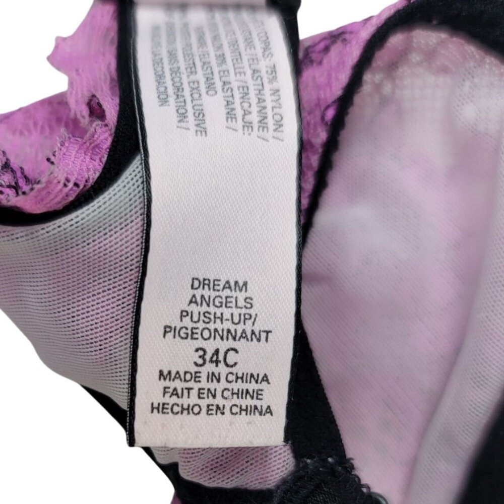 Victoria's Secret Push-Up Bra Pink Black 34C Lace Floral Underwire Dream Angels - Picture 12 of 12